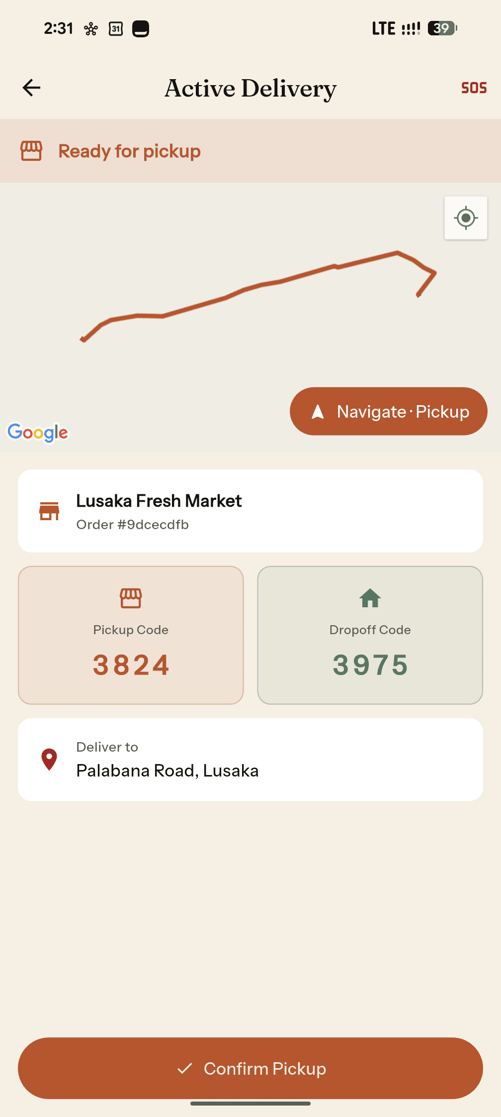 Active delivery screen with live route map, pickup and dropoff codes, and the delivery address