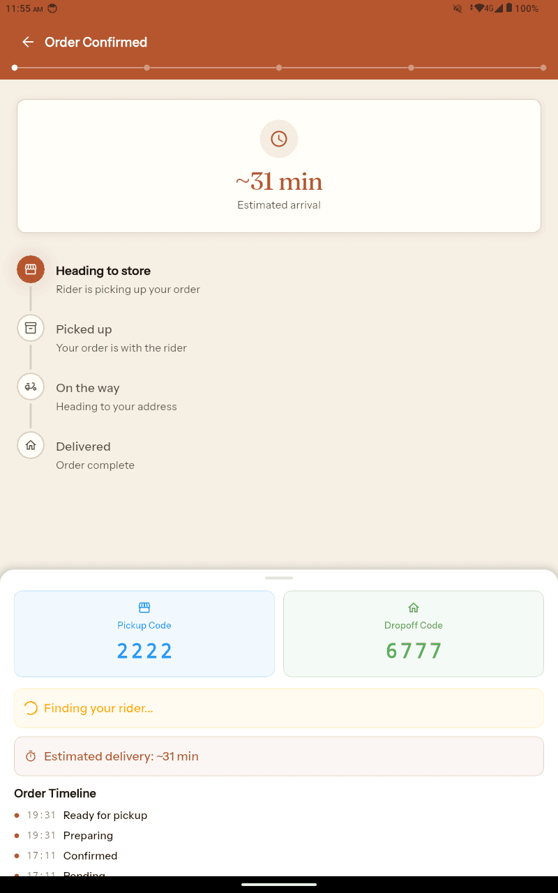 Order tracking screen with estimated arrival, rider status timeline, and pickup and dropoff codes