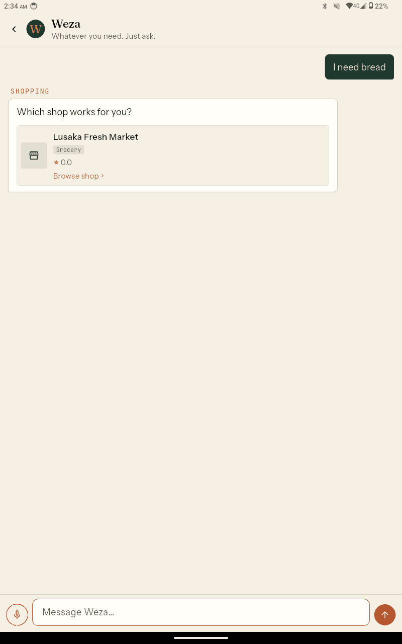 Weza answering 'I need bread' by suggesting Lusaka Fresh Market to browse