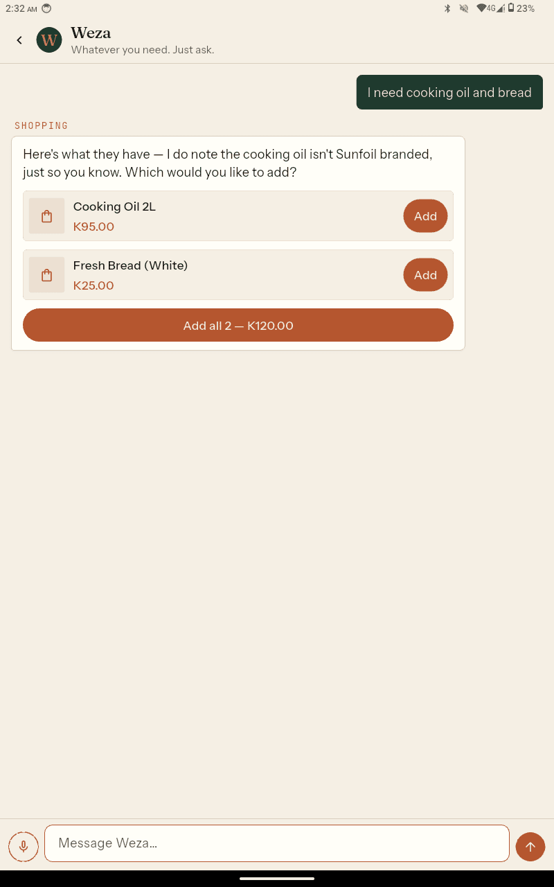 Weza replying to 'I need cooking oil and bread' with priced items and one-tap Add buttons, noting the oil isn't the user's usual brand