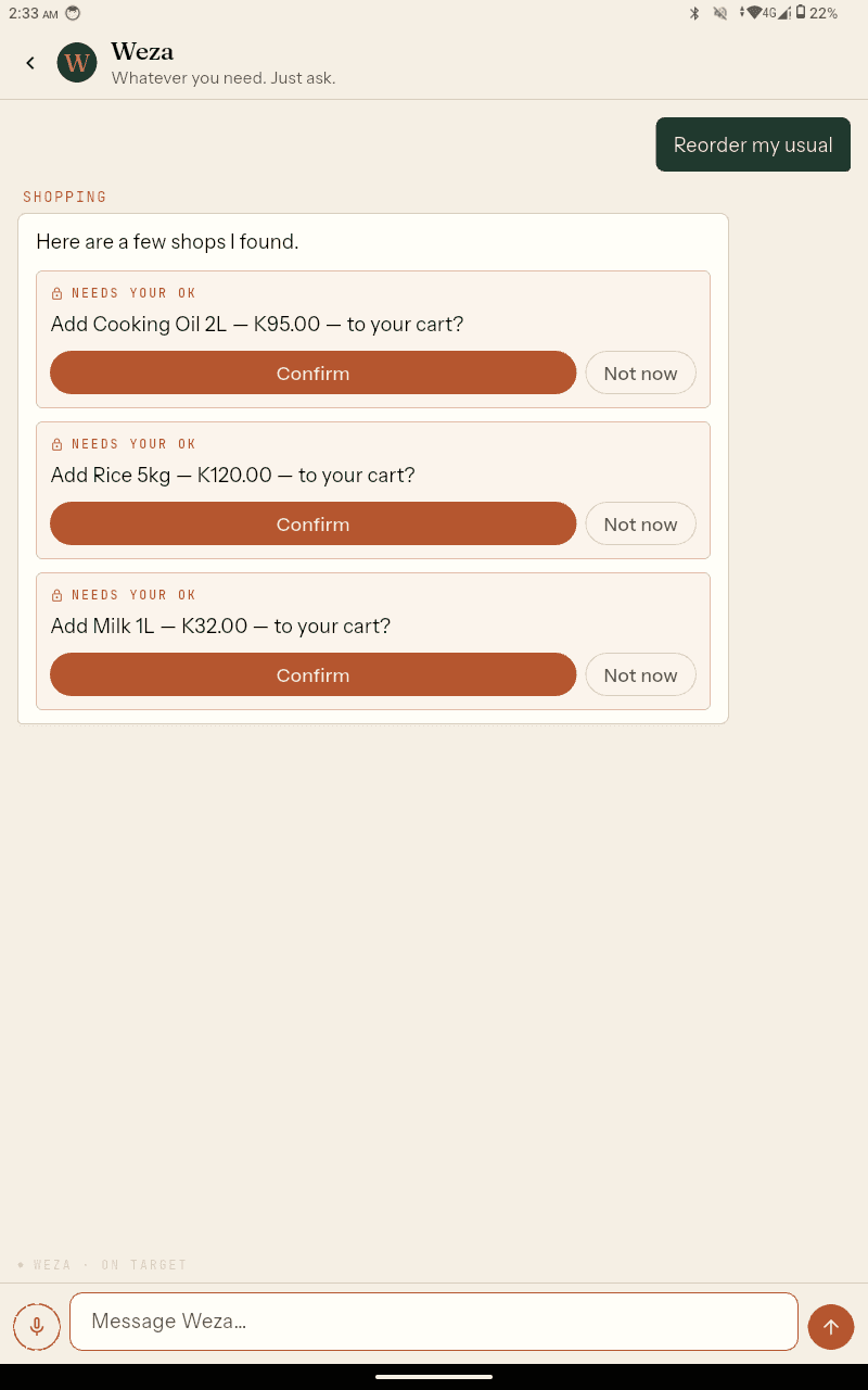 Weza responding to 'Reorder my usual' with the household's regular items priced, each add waiting on the user's confirmation